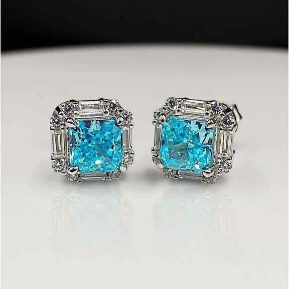 2.30CT Radiant Cut Crushed Ice Swiss Blue Topaz Stud Earrings in Sterling Silver - Picture 1 of 7